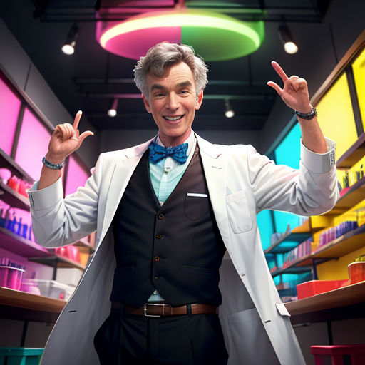 a man in a suit and bow tie standing in a room with shelves of bottles and a neon light