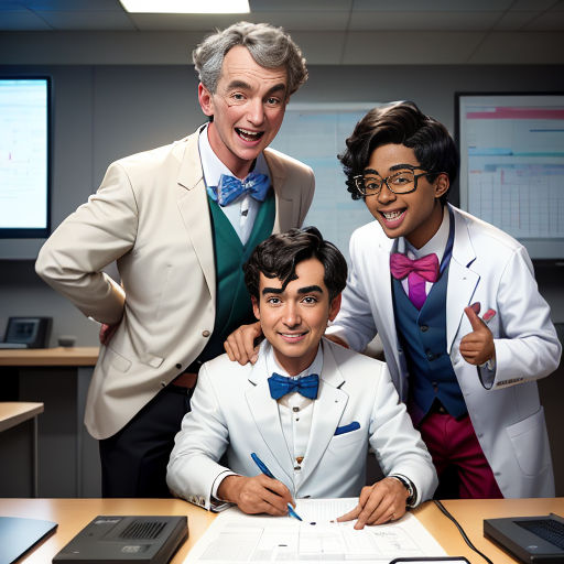 three men in suits posing for a picture in front of a desk with a laptop and a phone on it