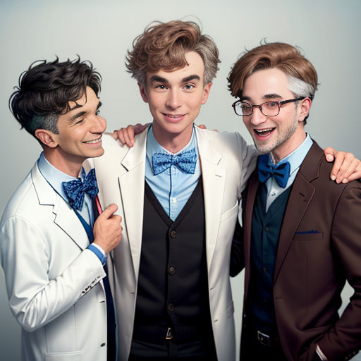 three men in suits and bow ties posing for a picture together, one of them is smiling at the camera