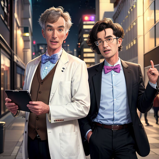 two men in suits standing next to each other on a street at night with a tablet in hand and a man in a bow tie pointing at something
