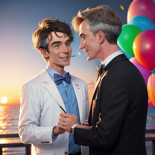two men standing next to each other near balloons and a body of water with a sunset in the background