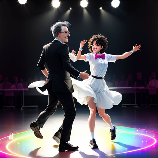 a man and a woman dancing on a dance floor with lights on the side of the dance floor and people in the background