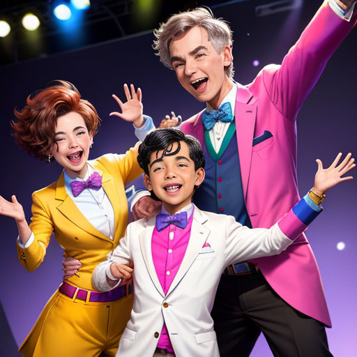 a man and two women in colorful outfits posing for a picture with a man in a tuxedo