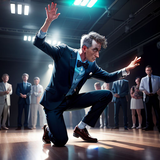 a man in a suit is dancing on a wooden floor with other people in the background in a darkened room