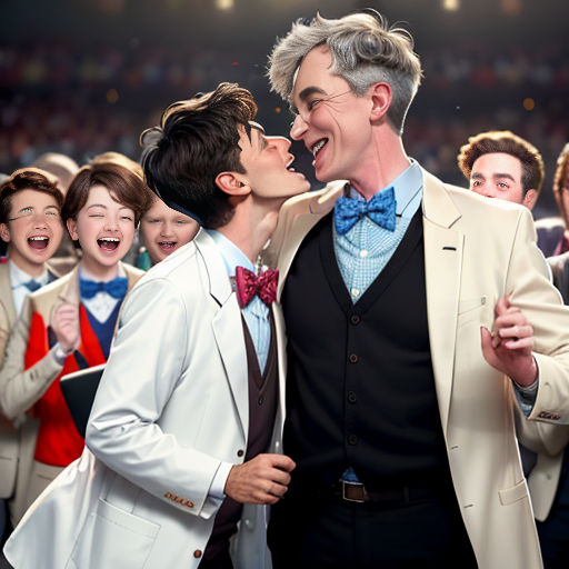 a man and woman kissing in front of a crowd of people in suits and bow ties, with one woman in a white jacket and the other in a blue shirt