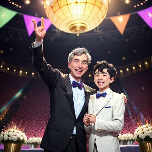 a man and a woman standing in front of a stage with a chandelier above them and a ceiling light