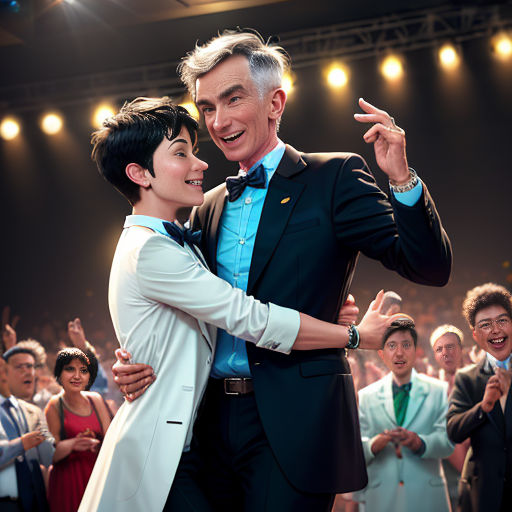 a man and woman dancing in front of a crowd of people in a theater hall with their arms around each other
