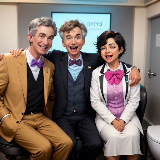 a man and two women sitting next to each other on a chair in a room with a toilet and a screen behind them