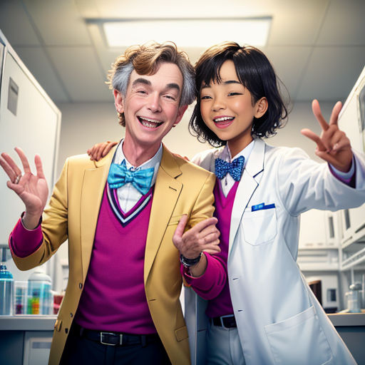 a man and woman in lab coats posing for a picture together in a laboratory room with a cabinet full of medical supplies