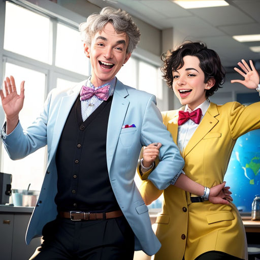 a man and woman dressed in yellow and blue clothes and bow ties, posing for a picture in an office