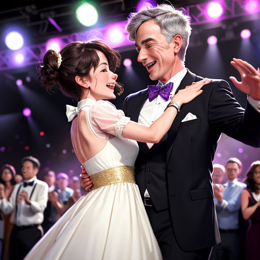 a man and woman dancing on stage with a crowd watching them dance together in a dance performance with lights on the stage