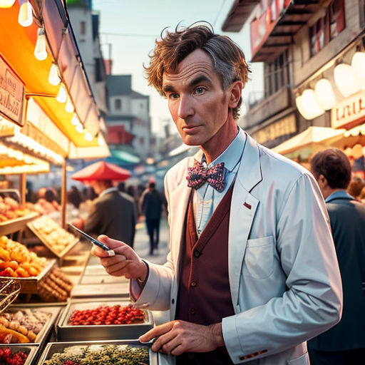 a man in a bow tie is standing in front of a fruit stand with a tray of berries and a cigarette