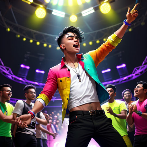 a man in a colorful jacket and black pants dancing with other people in a darkened room with lights on