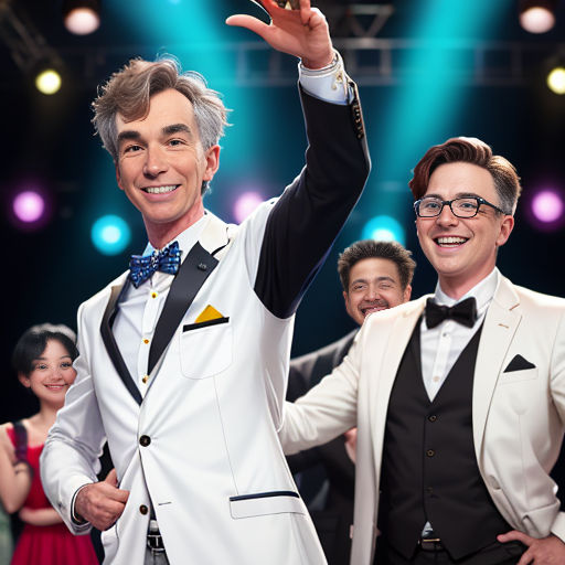 a man in a tuxedo and bow tie waves to the crowd at a show with a man in a tuxedo
