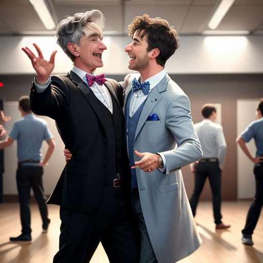 two men in suits are dancing in a dance studio with other people in the background wearing blue shirts and bow ties