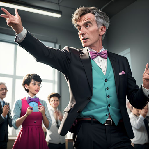 a man in a suit and bow tie standing in front of a group of people in a room with a window