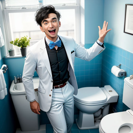 a man in a white suit and bow tie standing in a bathroom with a toilet and sink in the background