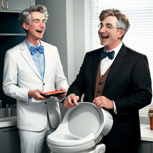a man in a suit holding a plate and a toilet bowl in a bathroom with another man in a suit