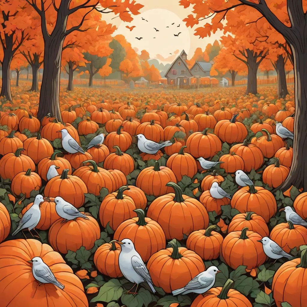 a painting of a pumpkin patch with birds in it and a house in the background with trees and leaves, american scene painting, a storybook illustration, Chris LaBrooy, autumn
