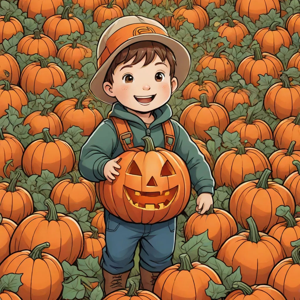 a boy in a pumpkin patch holding a pumpkin in his hands and smiling at the camera with a hat on, context art, a storybook illustration, Diego Gisbert Llorens, trending on art station