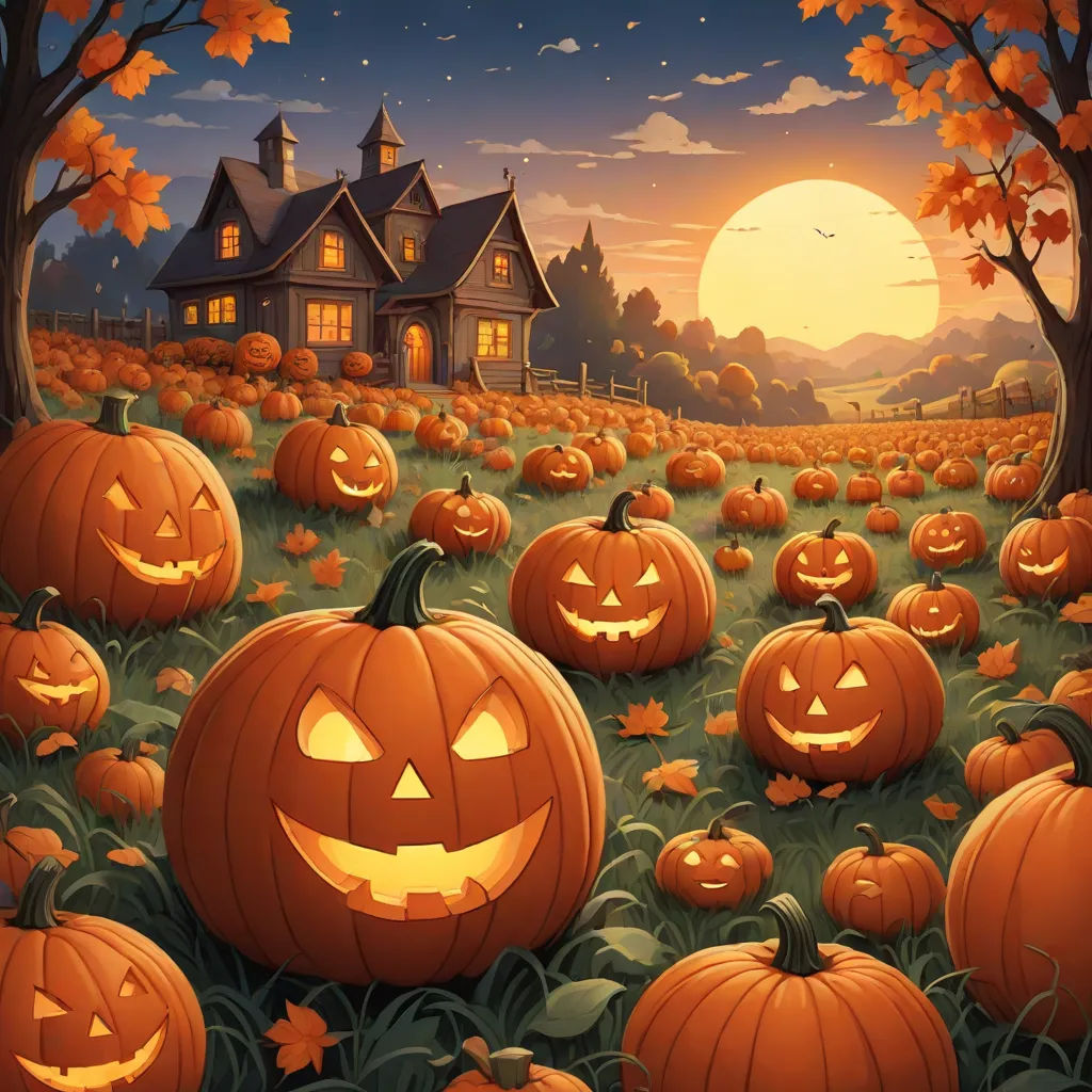 a painting of a pumpkin patch with a house in the background and a full moon in the sky above, gothic art, a stock photo, Dan Content, spooky