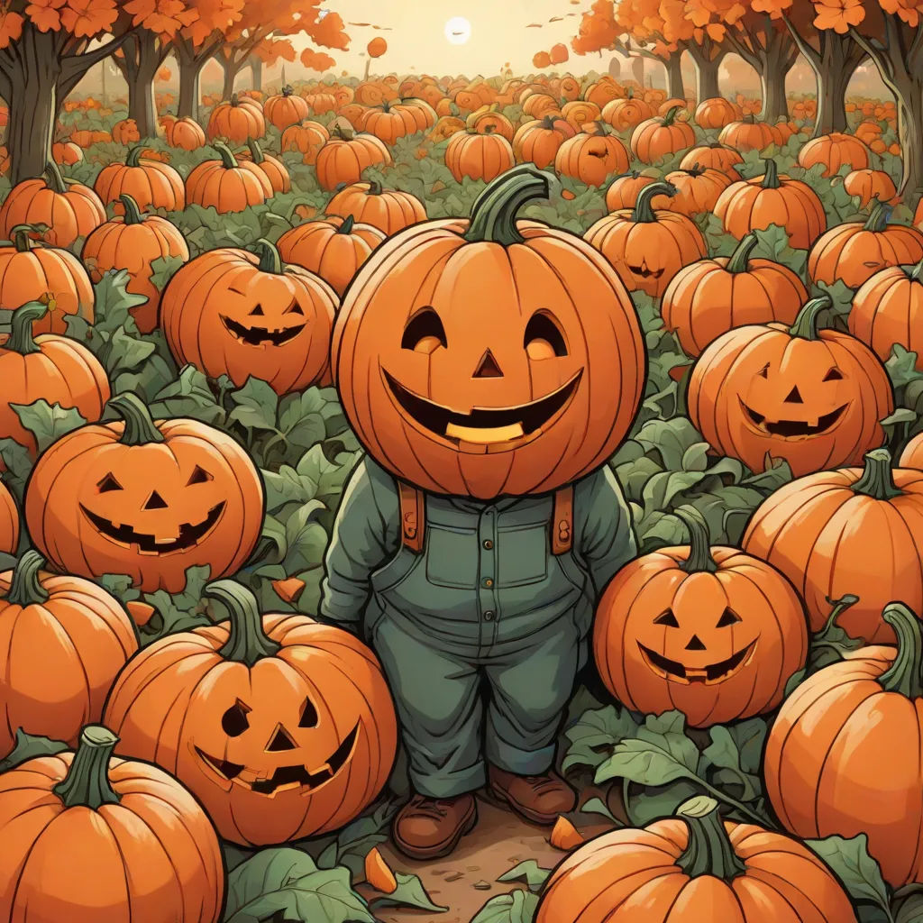 a little boy standing in a field of pumpkins with a pumpkin head on his head and a pumpkin in the middle, pop surrealism, a storybook illustration, Anne Stokes, spooky