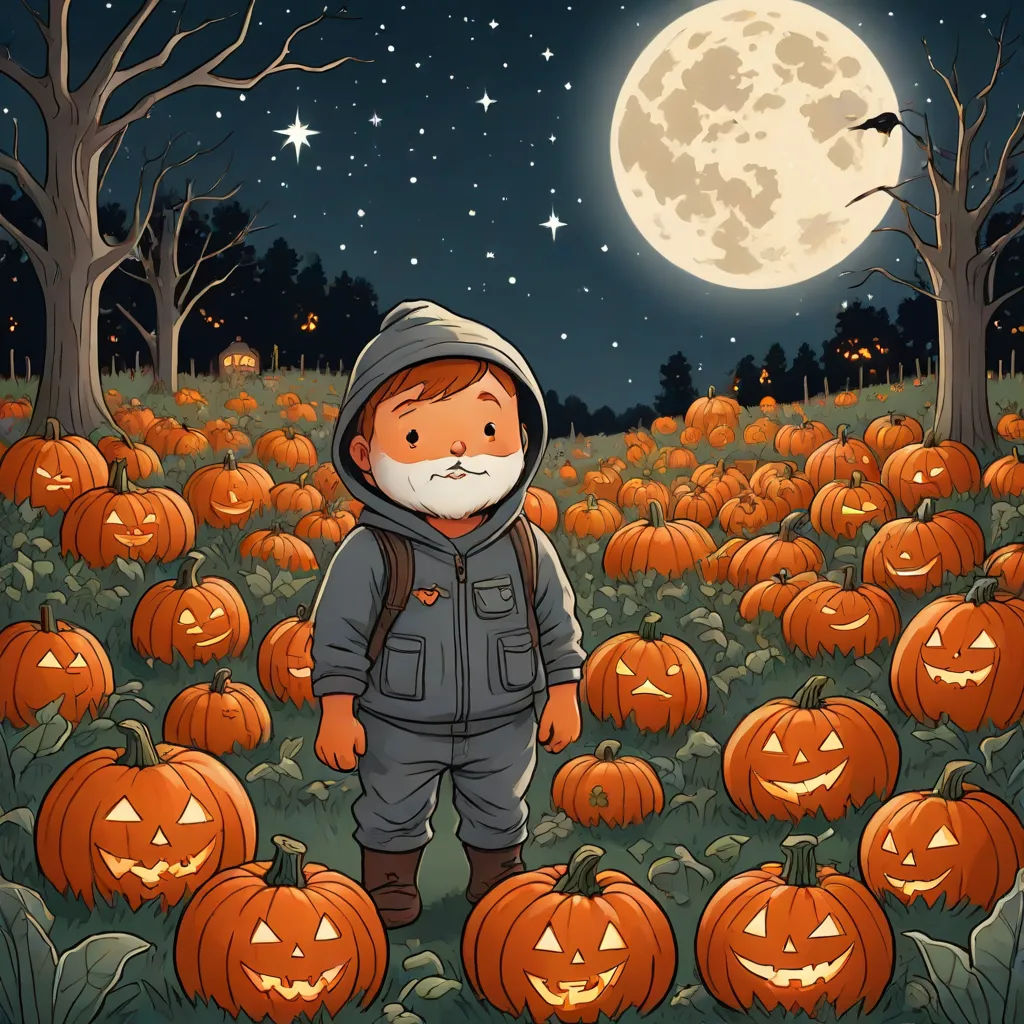 a little boy in a pumpkin patch with a full moon in the background and a full moon in the sky, serial art, a storybook illustration, Dan Mumford, game art