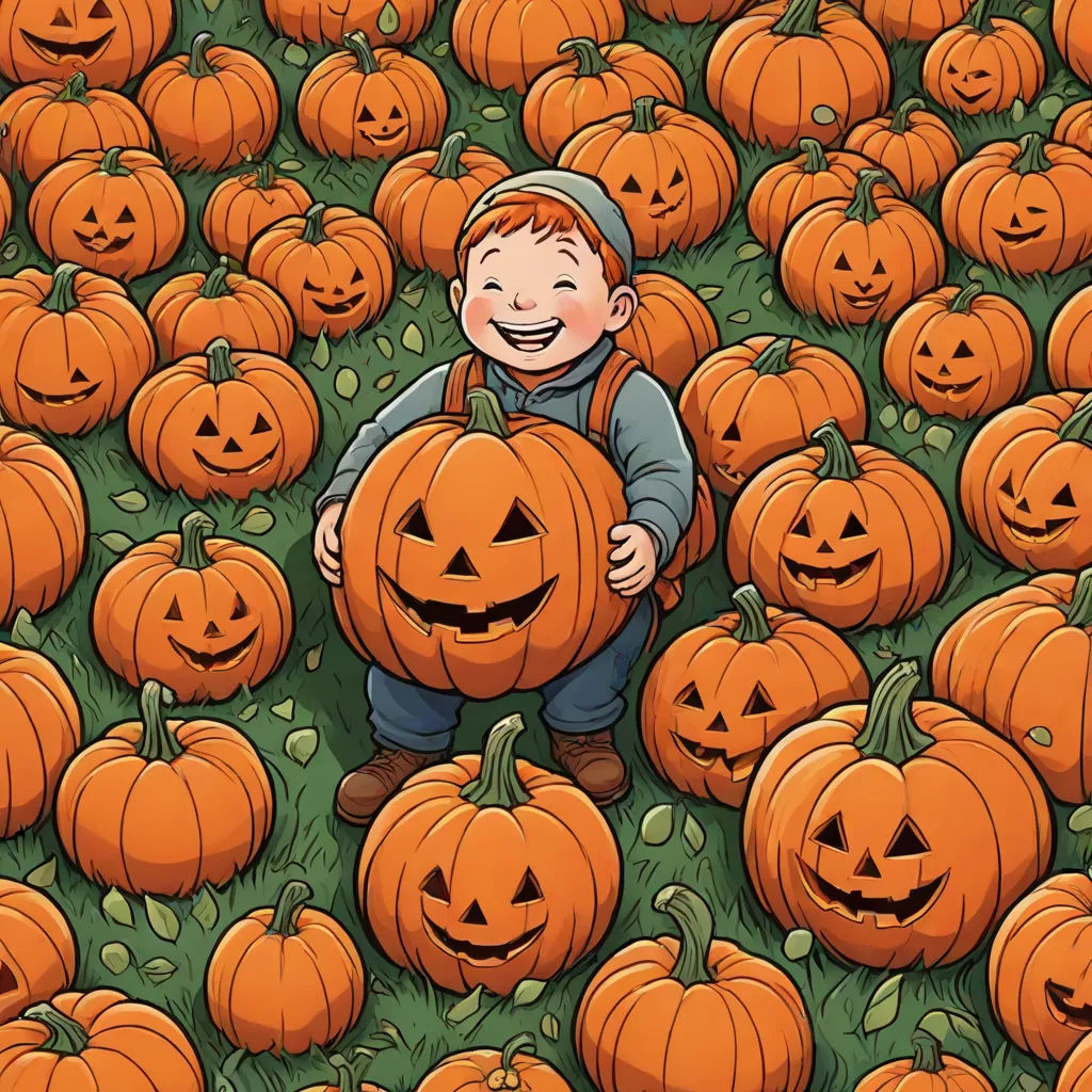 a boy is standing in a field of pumpkins with a smile on his face and a bag of jack - o - lanterns, context art, a storybook illustration, Aaron Jasinski, detailed illustration