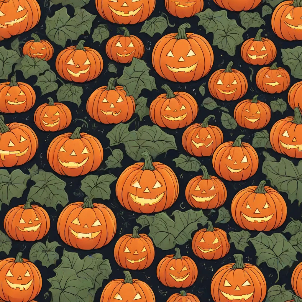 a lot of pumpkins that are on a table together with leaves and leaves around them, all lit up, folk art, a picture, Annabel Kidston, spooky