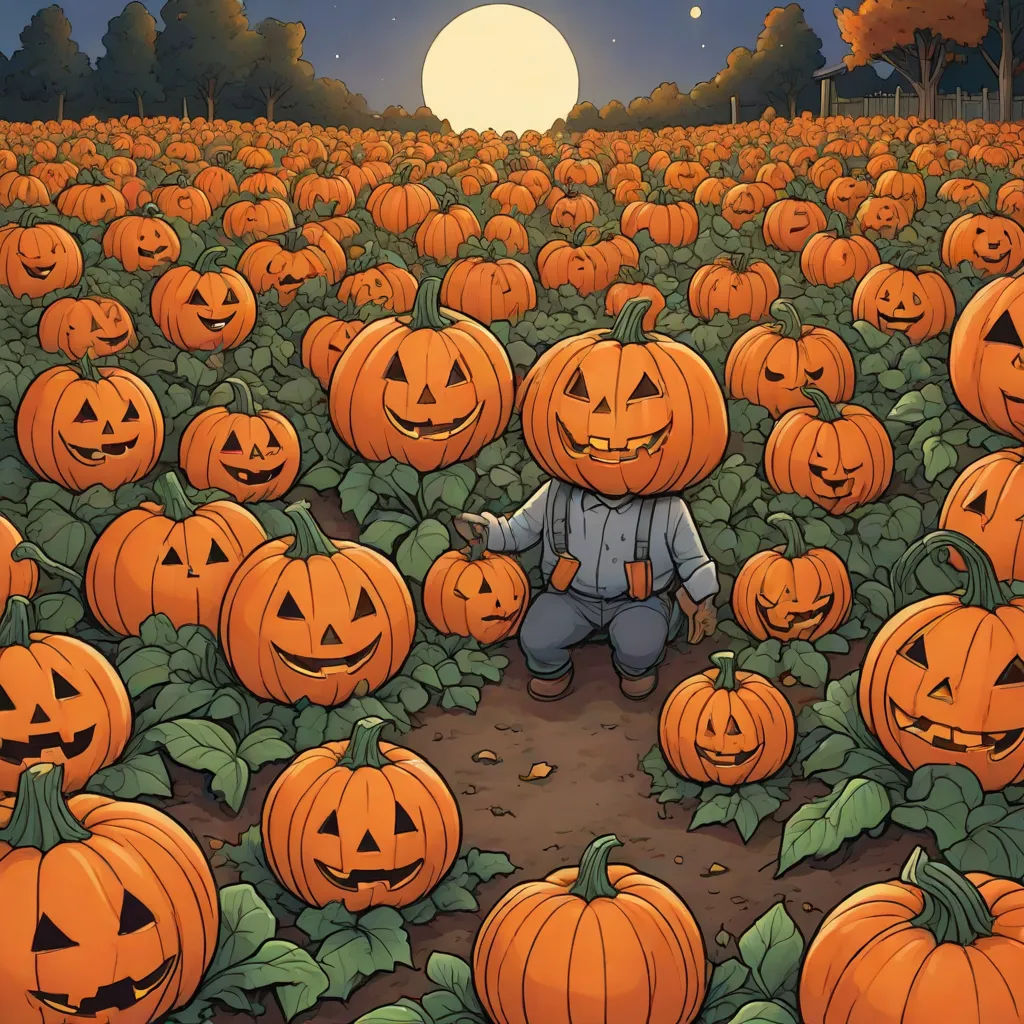 a man standing in a field of pumpkins with a full moon in the background and a full moon in the sky, context art, poster art, Dan Mumford, spooky