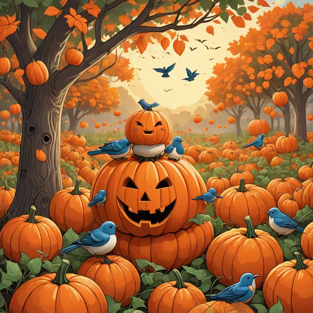 a pumpkin patch with birds and pumpkins on it and a tree with orange leaves and birds on it, pop surrealism, a storybook illustration, Chris LaBrooy, autumn
