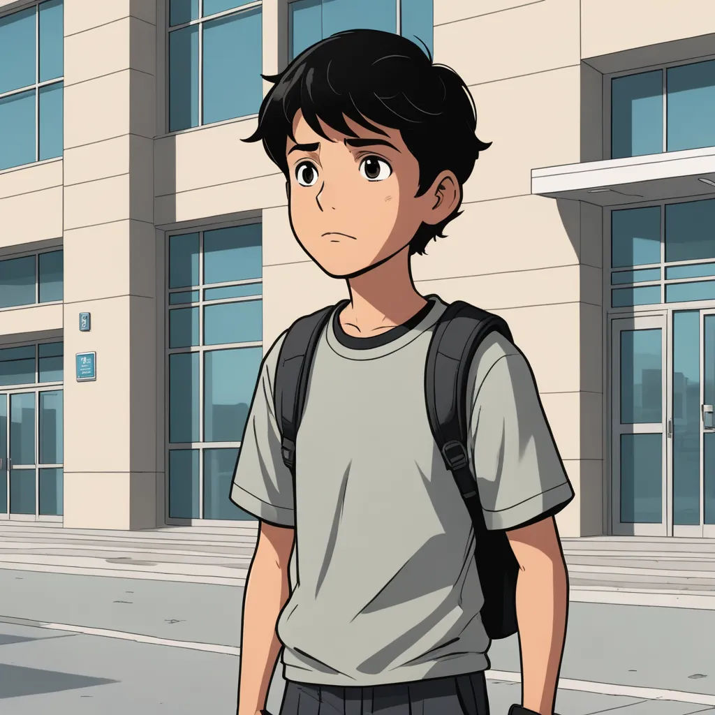 a boy with a backpack standing in front of a building with a building in the background and a building with a sign on it, serial art, a character portrait, Cedric Seaut (Keos Masons), cel shading