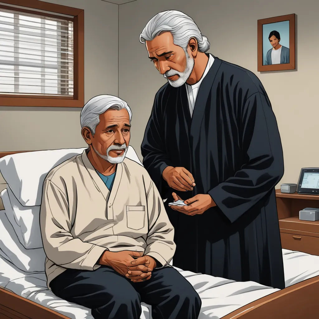 a man in a hospital bed with a nurse looking at him on the phone and a man in a robe standing next to him, neogeo, a storybook illustration, F Scott Hess, official art