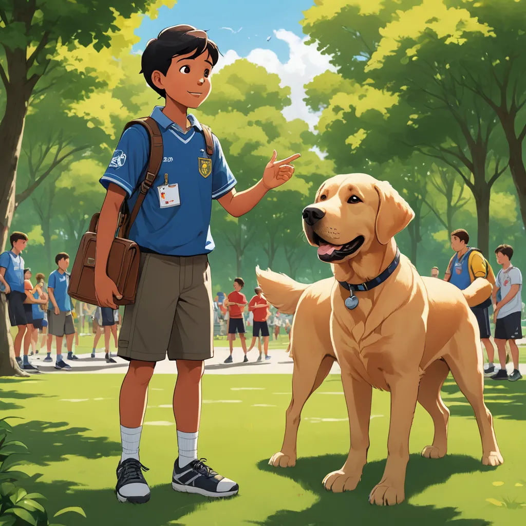 a boy is standing next to a dog in a park with people in the background and a dog in the foreground, american scene painting, a storybook illustration, Aaron Jasinski, official art