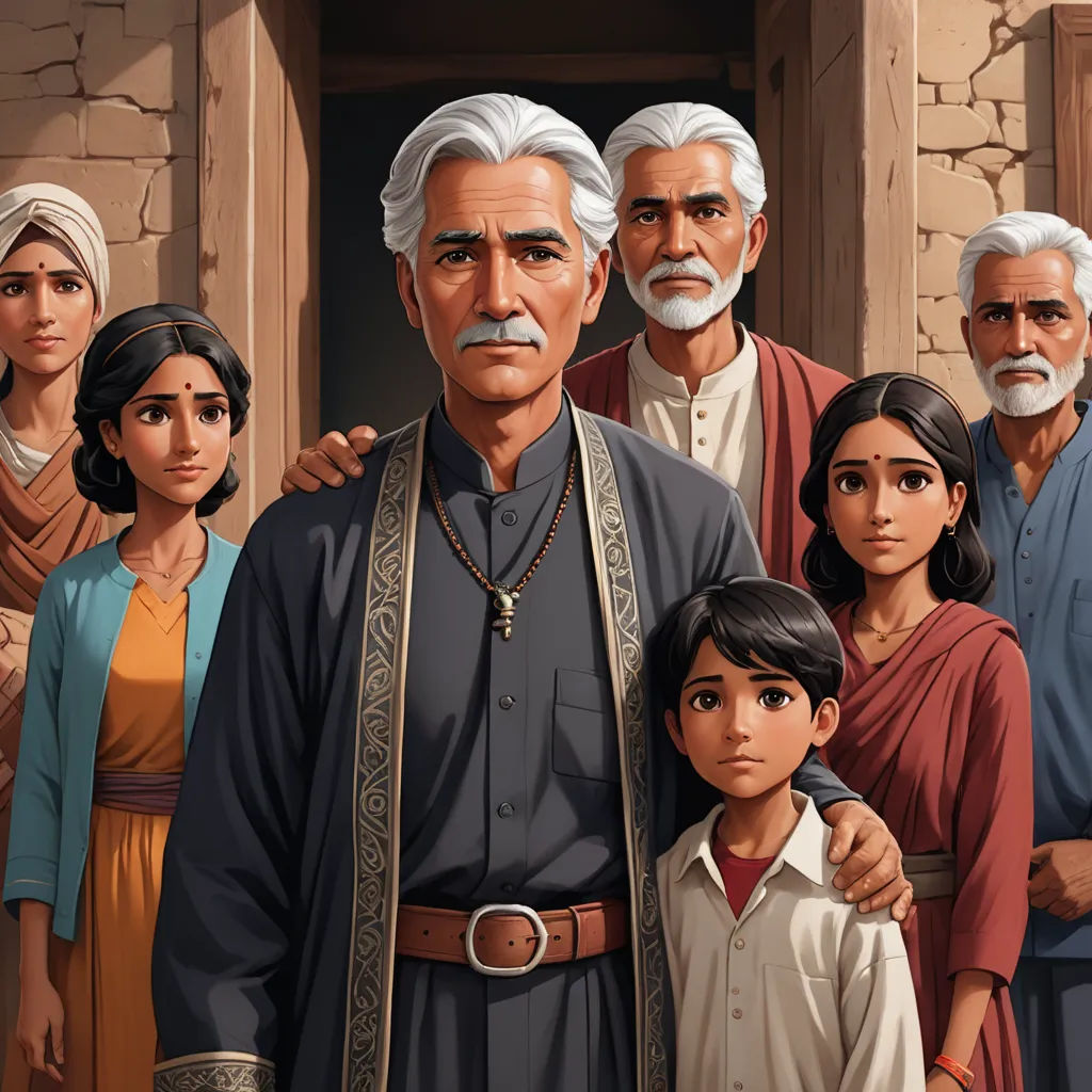 a painting of a family standing in front of a doorway with a man in a brown robe and a woman in a blue dress, hurufiyya, a storybook illustration, Amir Zand, official art