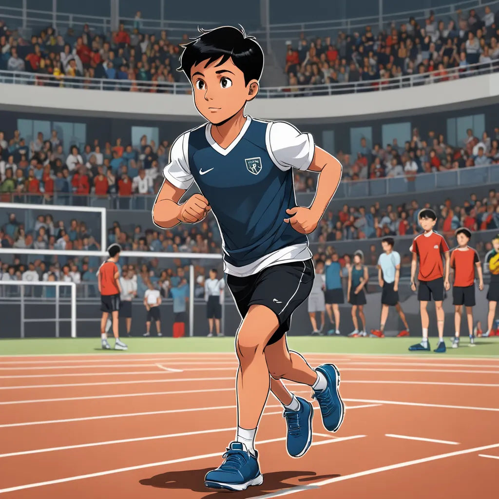 a man running on a track in front of a crowd of people in a stadium with a stadium full of people, bengal school of art, a comic book panel, Bikash Bhattacharjee, official art