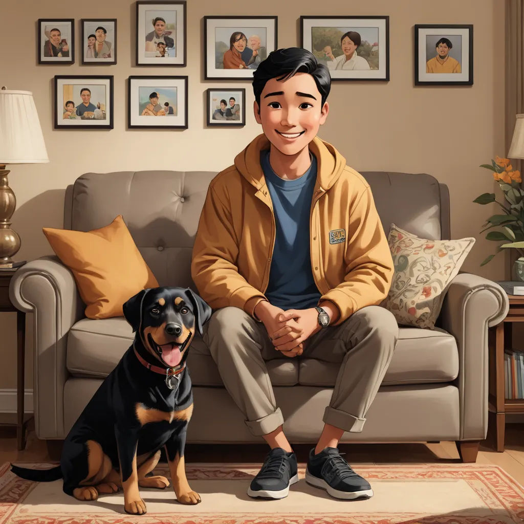 a man sitting on a couch next to a dog and a lamp with pictures on the wall behind him, photorealism, a character portrait, Aaron Jasinski, promotional image