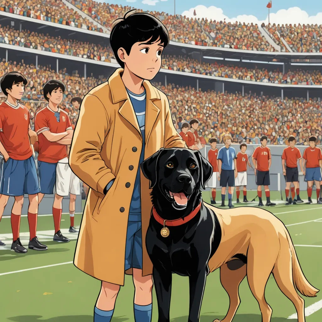 a man standing next to a dog on a field with a crowd of people watching him from the stands, symbolism, a comic book panel, Diego Gisbert Llorens, official art