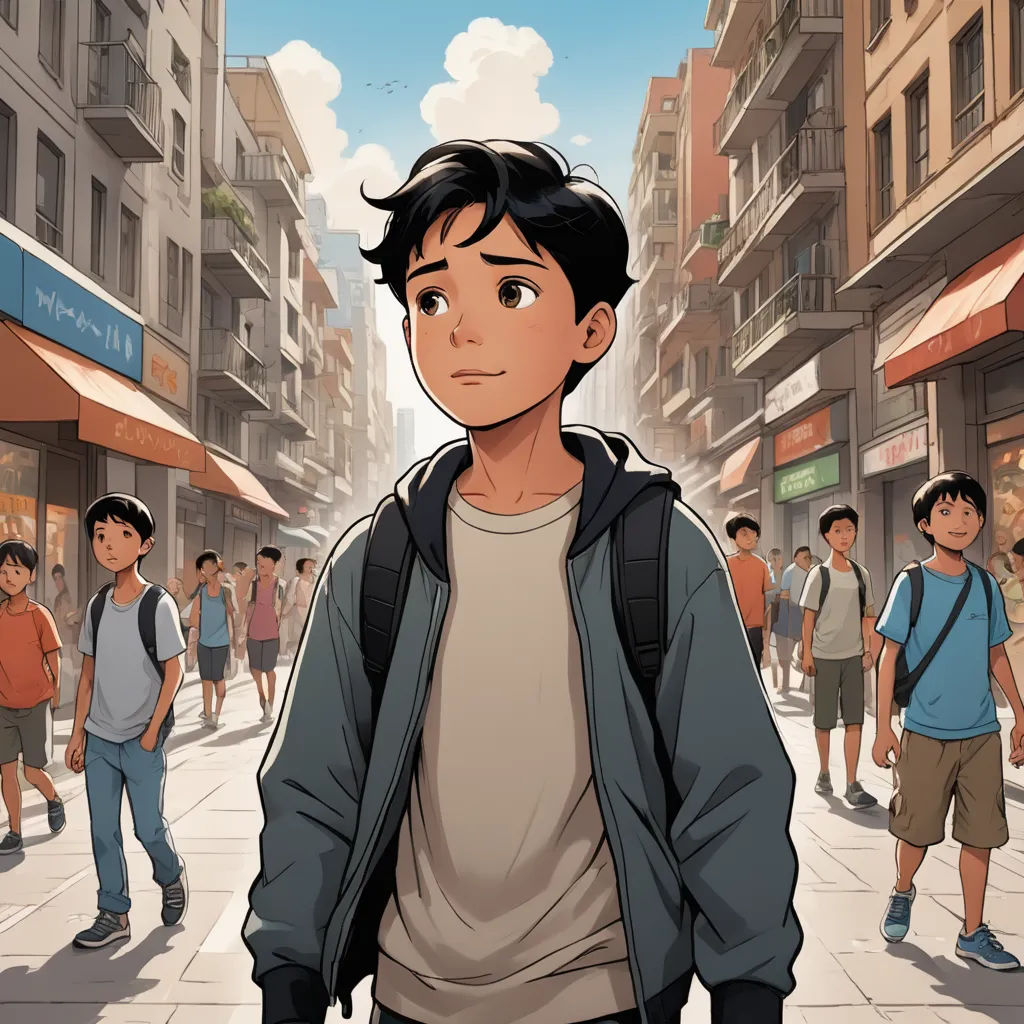 a cartoon of a man standing in the middle of a crowded street with people walking around him and buildings in the background, photorealism, a comic book panel, Asaf Hanuka, rossdraws global illumination