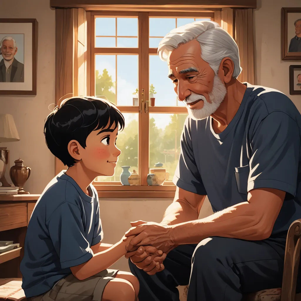 a man and a boy sitting in front of a window with a picture of an older man and a young boy, american scene painting, a storybook illustration, Aaron Jasinski, storybook illustration