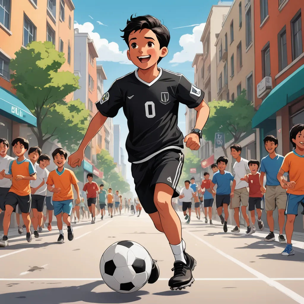a cartoon of a soccer player running with a ball in front of a crowd of people on a city street, american scene painting, a storybook illustration, Byeon Sang-byeok, trending on art station