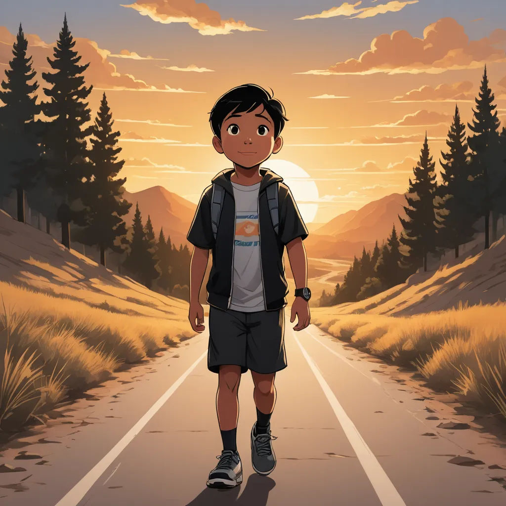 a boy walking down a road with a backpack on his back and a sunset in the background with trees, sots art, a storybook illustration, Atey Ghailan, comic cover art