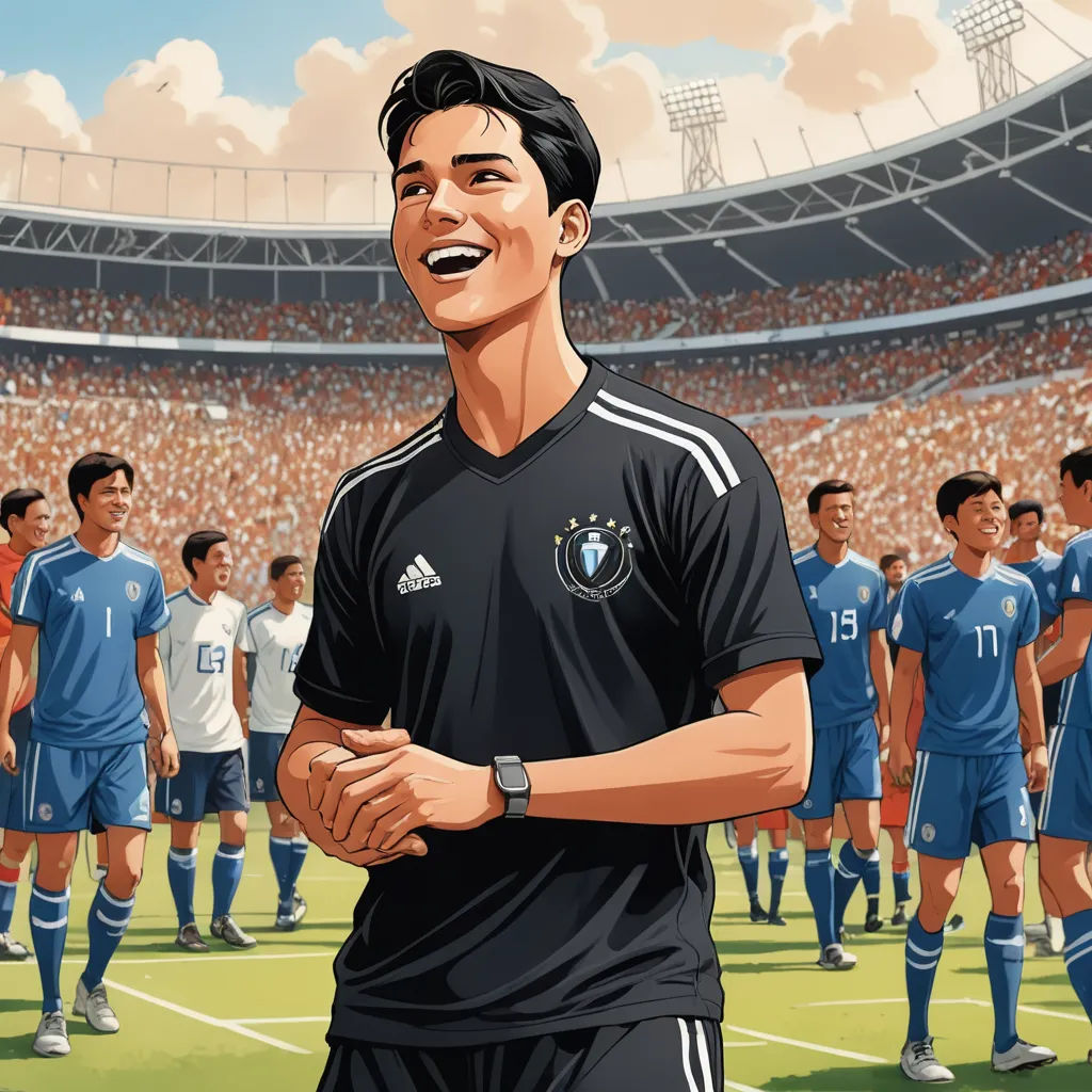 a man standing in front of a crowd of people on a soccer field with a soccer ball in his hand, fantastic realism, a storybook illustration, Alejandro Burdisio, official art