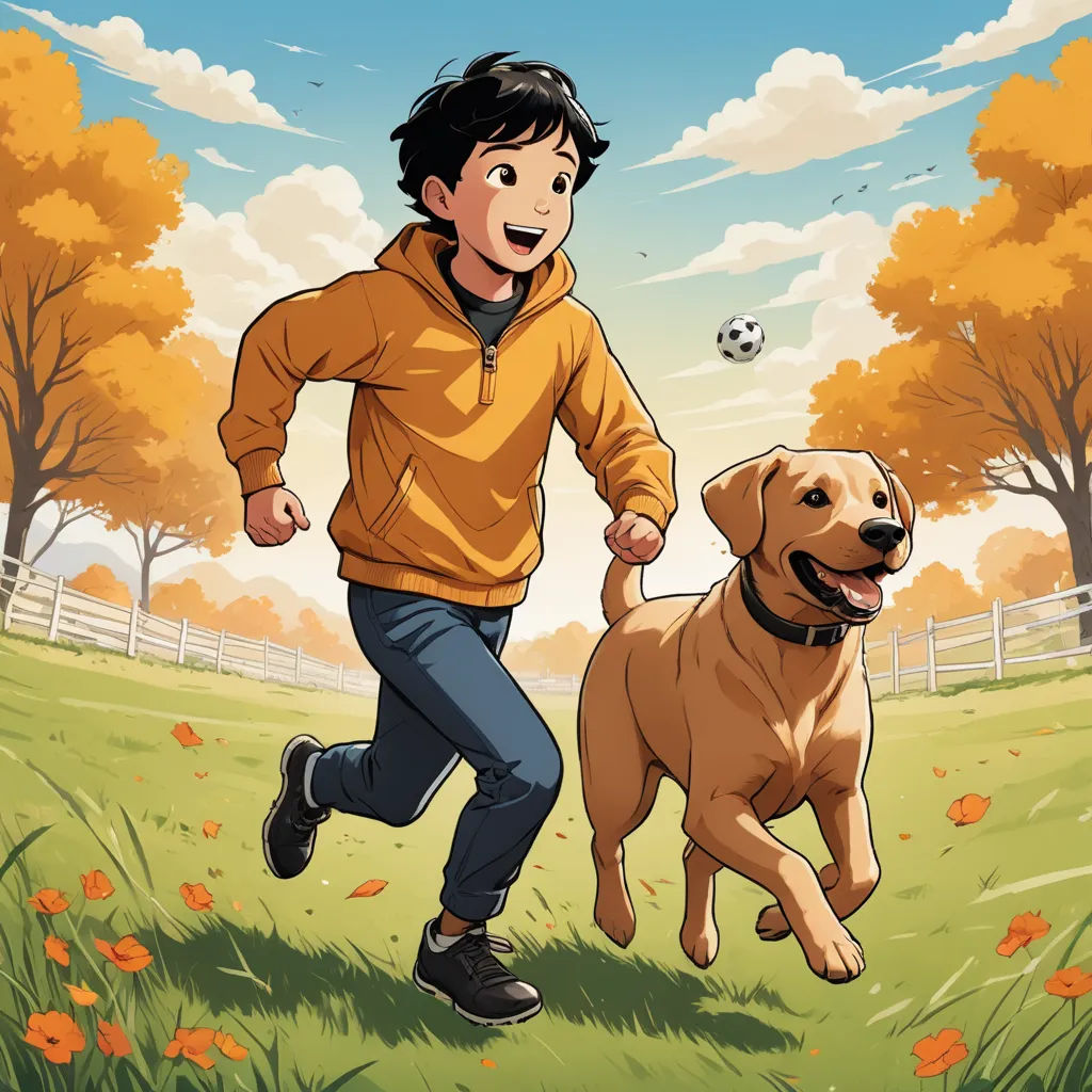 a boy running with a dog in a field of grass and flowers with a soccer ball in the air, lyco art, a comic book panel, Atey Ghailan, comic cover art