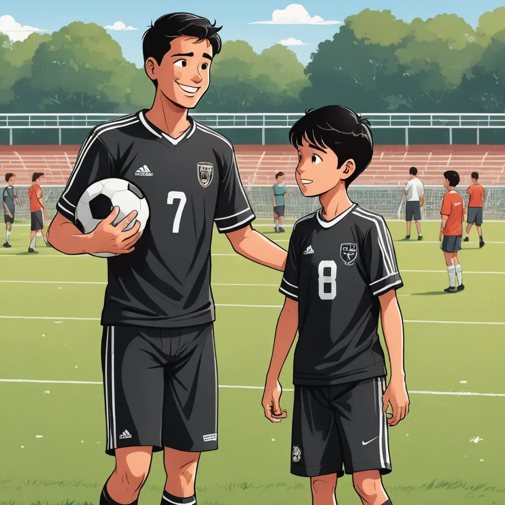 a boy and a boy are standing on a soccer field holding a soccer ball and a soccer ball in their hands, paris school, a storybook illustration, Byeon Sang-byeok, graphic novel