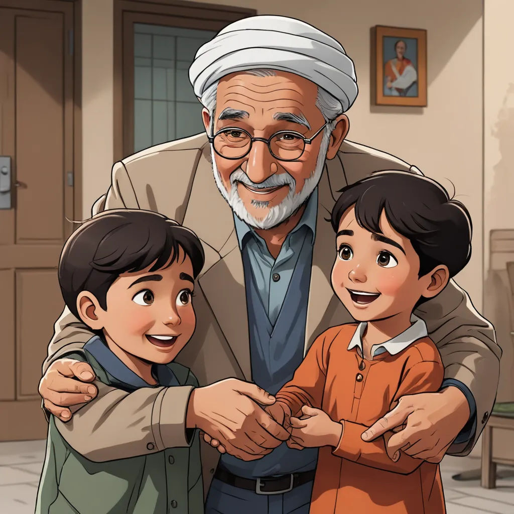 a man and two children standing in a room with a door and a picture of an old man on the wall, serial art, a storybook illustration, Abdullah Gërguri, official art
