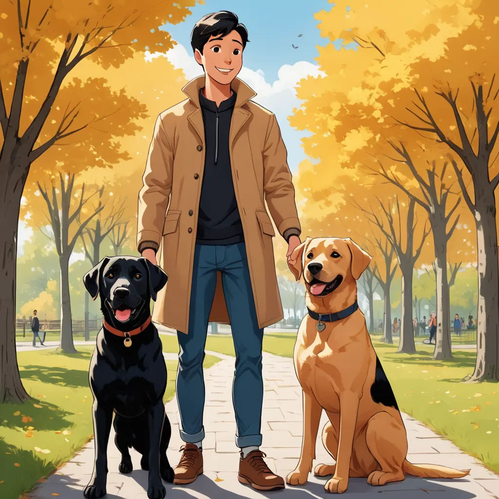 a man standing next to two dogs on a sidewalk in a park with trees and leaves on the ground, american scene painting, a comic book panel, David Park, official art