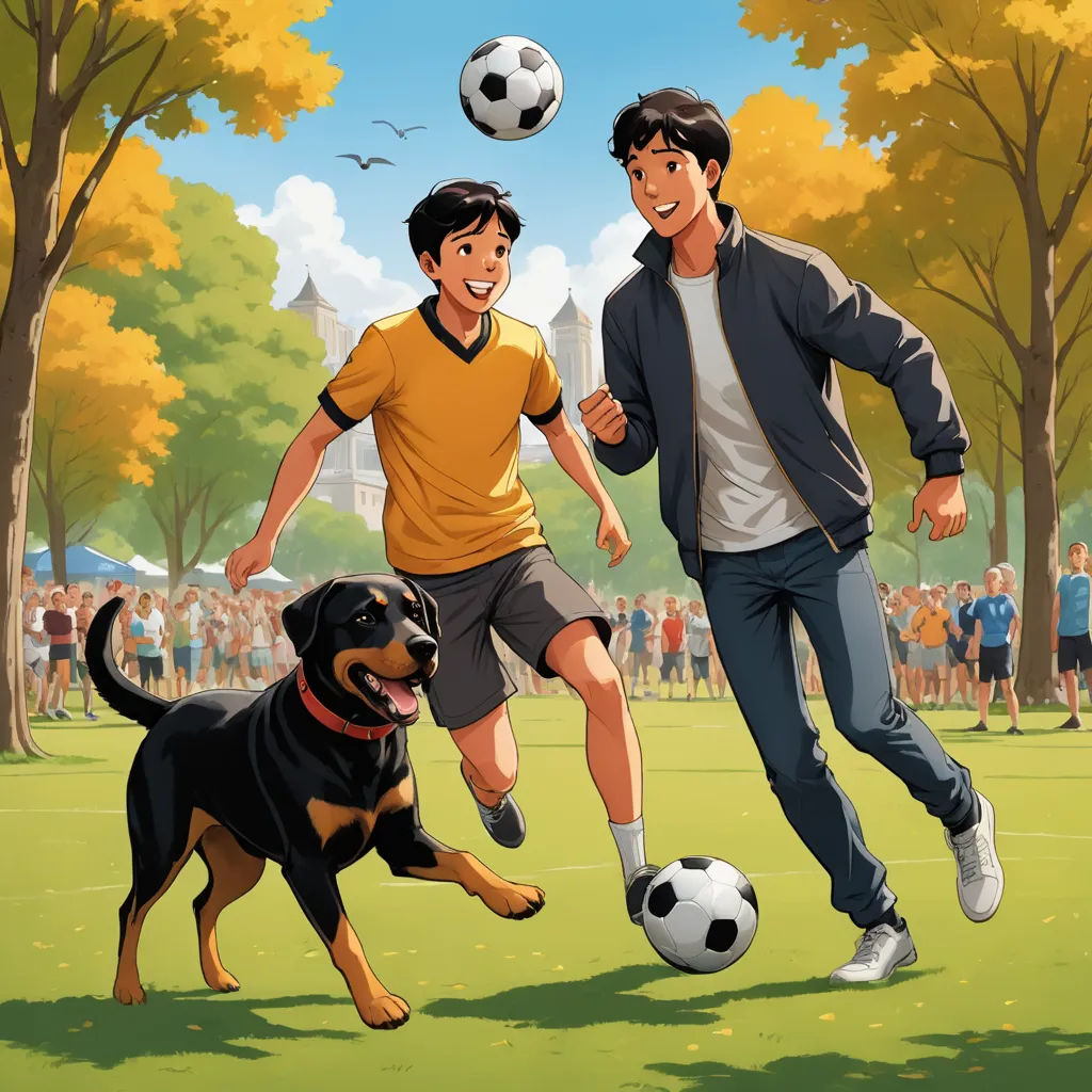 a couple of men playing a game of soccer with a dog on a field with a ball in front of them, american scene painting, a comic book panel, Brothers Hildebrandt, official art