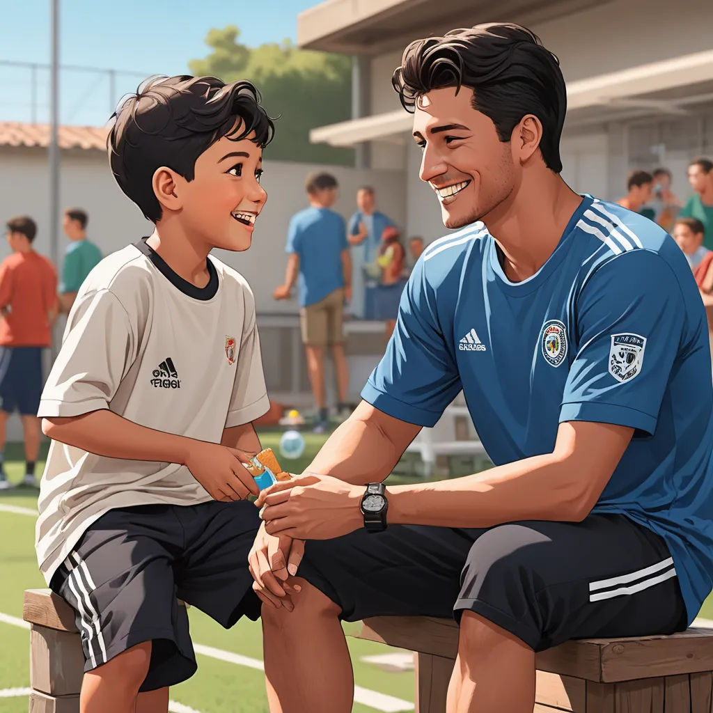 a boy and a boy sitting on a bench with a soccer ball in their hand and a boy holding a bottle of water, american scene painting, a storybook illustration, Alejandro Burdisio, official art
