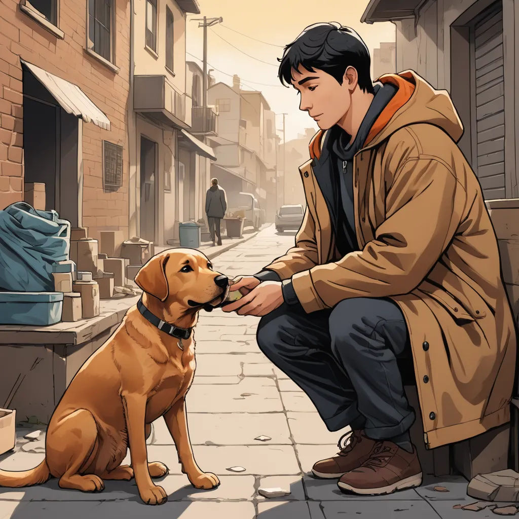 a man kneeling down petting a dog on the street next to a building and a person standing next to it, context art, a comic book panel, David Park, official art